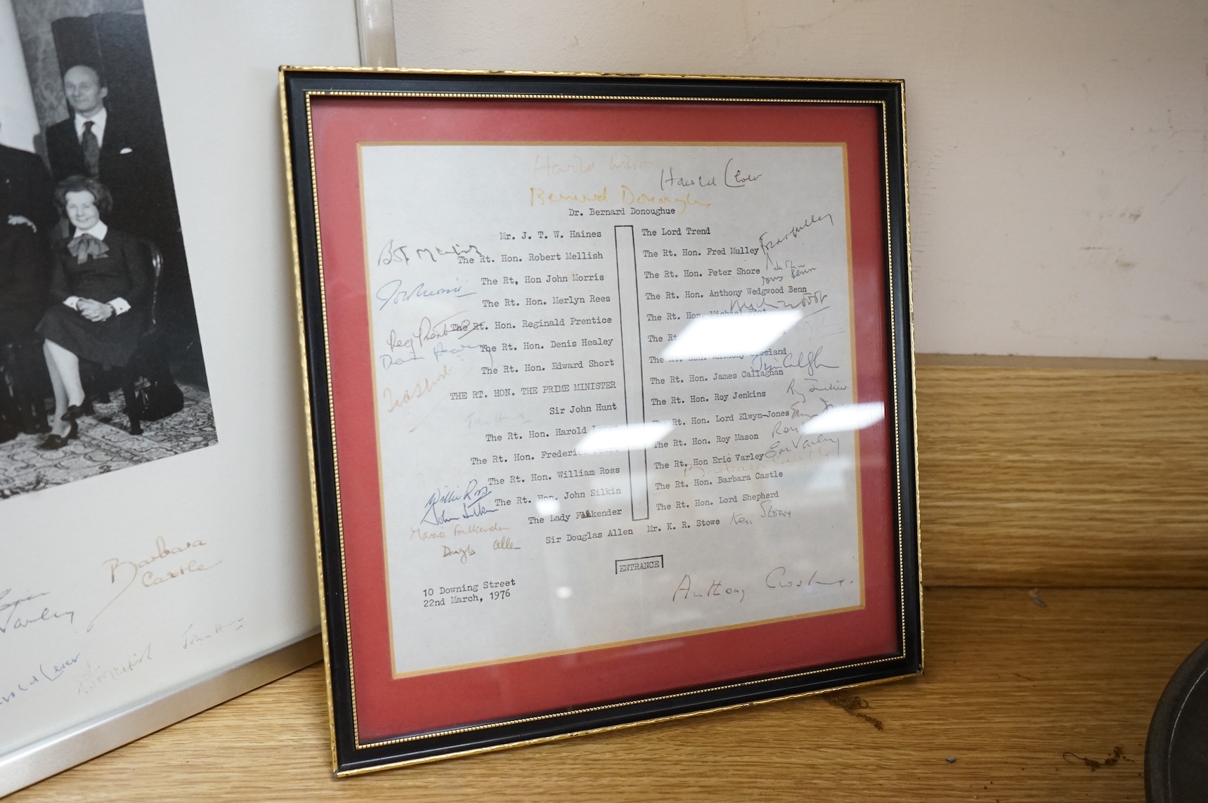 The Cabinet, March 1974, black and white photograph, signed by all The Sitters, (Harold Wilson’s government), seating plan and other photograph 45 x 52cm, and 1976 signed seating